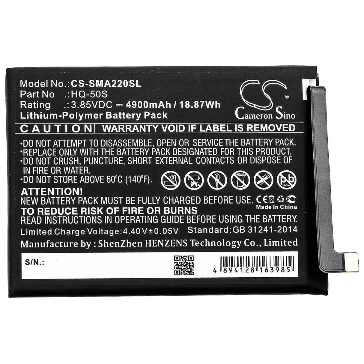 3.85V, Li-Polymer, 4900mAh, SmartPhone battery fits Samsung, Hq-50s, Galaxy A02, Galaxy A02 2021, 18.87Wh Mobile, SmartPhone Cameron Sino Technology Limited (Smartphone)