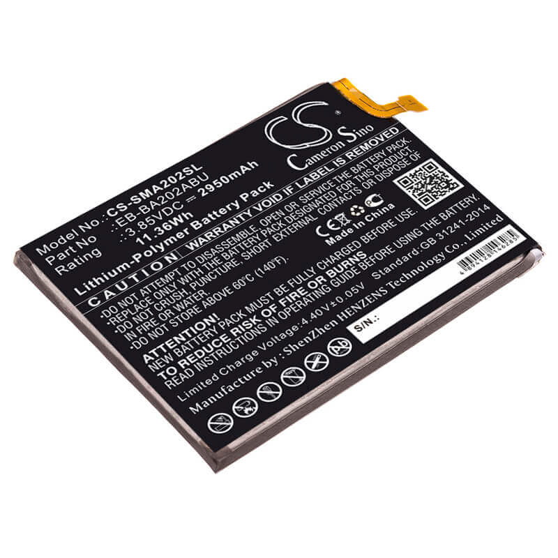 3.85V, Li-Polymer, 2950mAh, SmartPhone battery fits Samsung, Eb-ba202abu, Galaxy A10e, Galaxy A10e 2019, 11.36Wh Mobile, SmartPhone Cameron Sino Technology Limited (Smartphone)
