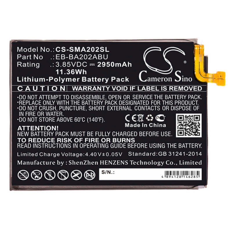 3.85V, Li-Polymer, 2950mAh, SmartPhone battery fits Samsung, Eb-ba202abu, Galaxy A10e, Galaxy A10e 2019, 11.36Wh Mobile, SmartPhone Cameron Sino Technology Limited (Smartphone)