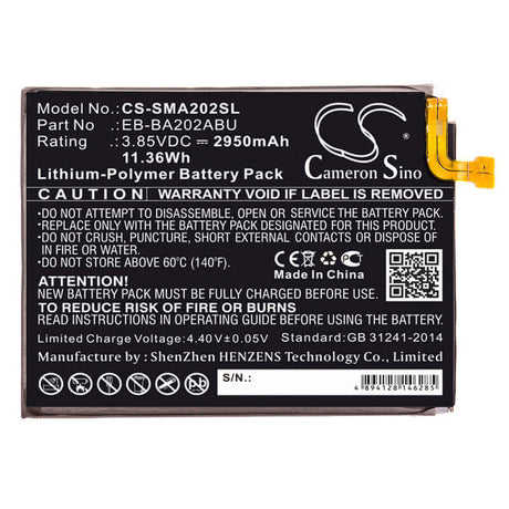 3.85V, Li-Polymer, 2950mAh, SmartPhone battery fits Samsung, Eb-ba202abu, Galaxy A10e, Galaxy A10e 2019, 11.36Wh Mobile, SmartPhone Cameron Sino Technology Limited (Smartphone)