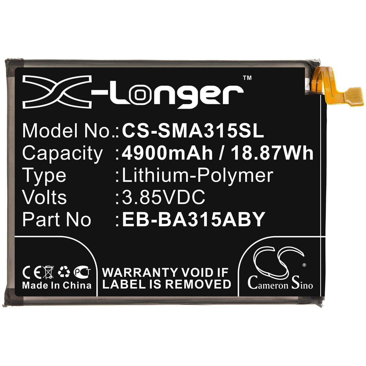 3.85V, Li-Polymer, 4900mAh, SmartPhone battery fits Samsung, Eb-ba315aby, Galaxy A31, Sm-a310f, 18.87Wh Mobile, SmartPhone Cameron Sino Technology Limited (Smartphone)