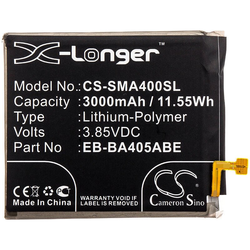 3.85V, Li-Polymer, 3000mAh, SmartPhone battery fits Samsung, Eb-ba405abe, Galaxy A40, Galaxy A40 2019, 11.55Wh Mobile, SmartPhone Cameron Sino Technology Limited (Smartphone)