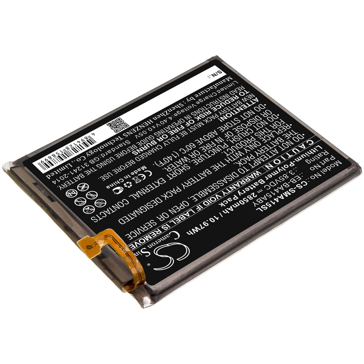 3.85V, Li-Polymer, 2850mAh, SmartPhone battery fits Samsung, Eb-ba415aby, Galaxy A41 2020, Sc-41a, 10.97Wh Mobile, SmartPhone Cameron Sino Technology Limited (Smartphone)