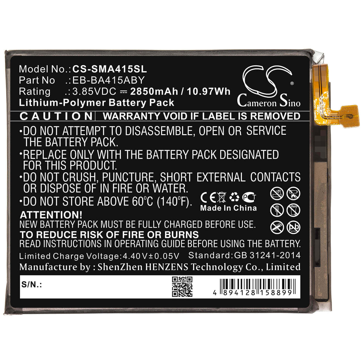 3.85V, Li-Polymer, 2850mAh, SmartPhone battery fits Samsung, Eb-ba415aby, Galaxy A41 2020, Sc-41a, 10.97Wh Mobile, SmartPhone Cameron Sino Technology Limited (Smartphone)