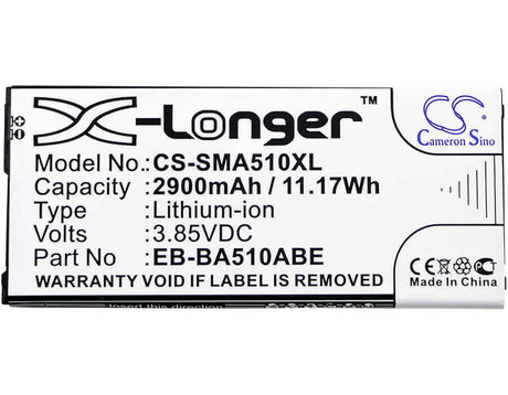 3.85V, Li-ion, 2900mAh, SmartPhone battery fits Samsung, Eb-ba510abe, Galaxy A5 2016 Duos, Sm-a5100, 11.17Wh Mobile, SmartPhone Cameron Sino Technology Limited (Smartphone)