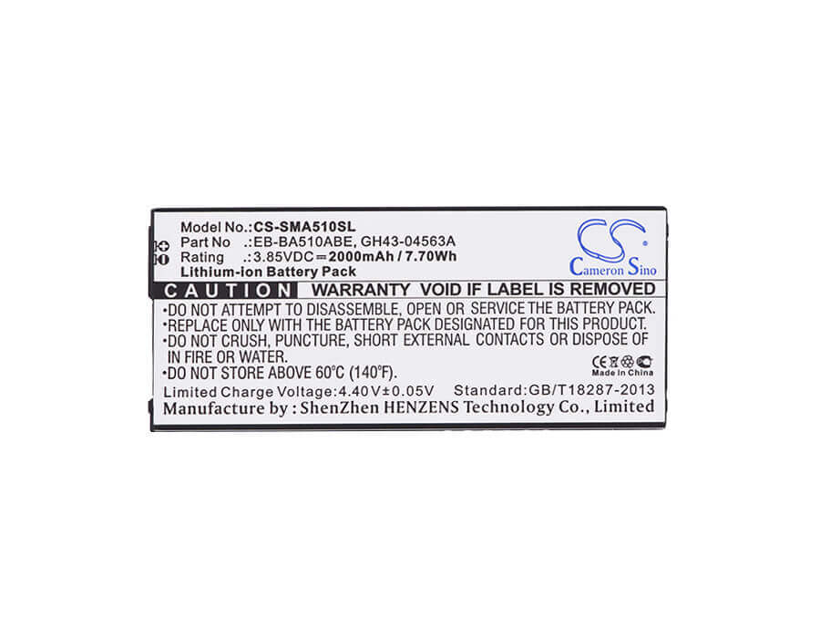 3.85V, Li-ion, 2000mAh, SmartPhone battery fits Samsung, Eb-ba510abe, Galaxy A5 2016 Duos, Sm-a5100, 7.7Wh Mobile, SmartPhone Cameron Sino Technology Limited (Smartphone)
