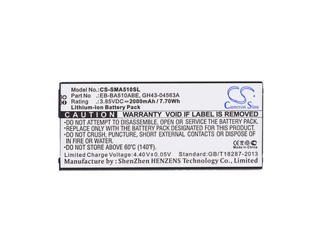 3.85V, Li-ion, 2000mAh, SmartPhone battery fits Samsung, Eb-ba510abe, Galaxy A5 2016 Duos, Sm-a5100, 7.7Wh Mobile, SmartPhone Cameron Sino Technology Limited (Smartphone)