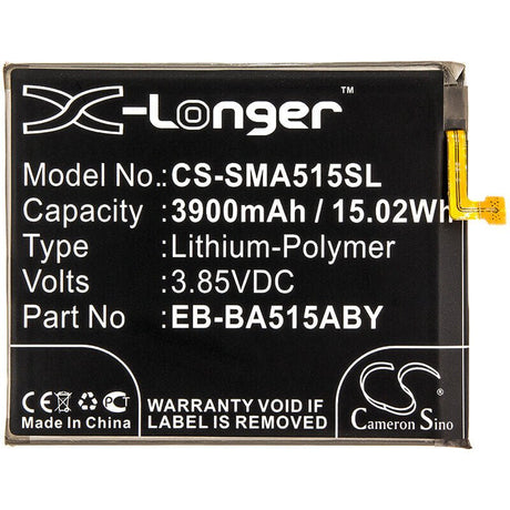 3.85V, Li-Polymer, 3900mAh, SmartPhone battery fits Samsung, Eb-ba515abe, Galaxy A51 2019, Sm-a515f/dsm, 15.02Wh Mobile, SmartPhone Cameron Sino Technology Limited (Smartphone)