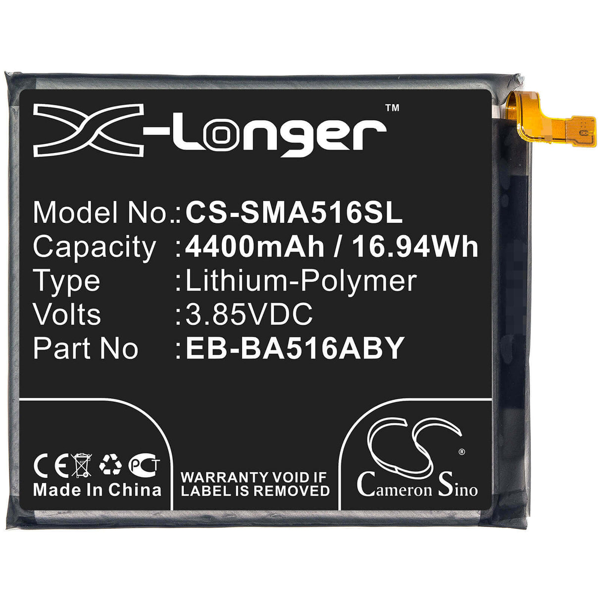 3.85V, Li-Polymer, 4400mAh, SmartPhone battery fits Samsung, Eb-ba516aby, Galaxy A51 5g, Galaxy A51 Uw 5g, 16.94Wh Mobile, SmartPhone Cameron Sino Technology Limited (Smartphone)