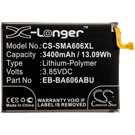 3.85V, Li-Polymer, 3400mAh, SmartPhone battery fits Samsung, Eb-ba606abu, Galaxy A60, Galaxy A60 2019, 13.09Wh Mobile, SmartPhone Cameron Sino Technology Limited (Smartphone)
