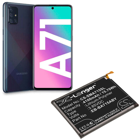 3.85V, Li-Polymer, 4100mAh, SmartPhone battery fits Samsung, Eb-ba715aby, Galaxy A71, Sm-a715f, 15.79Wh Mobile, SmartPhone Cameron Sino Technology Limited (Smartphone)