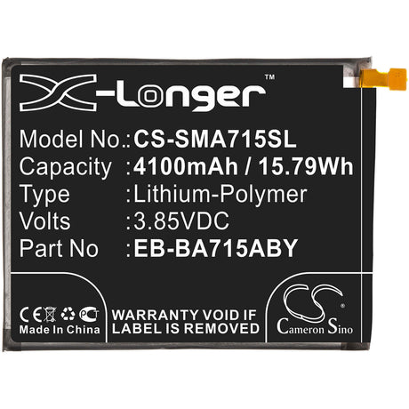 3.85V, Li-Polymer, 4100mAh, SmartPhone battery fits Samsung, Eb-ba715aby, Galaxy A71, Sm-a715f, 15.79Wh Mobile, SmartPhone Cameron Sino Technology Limited (Smartphone)