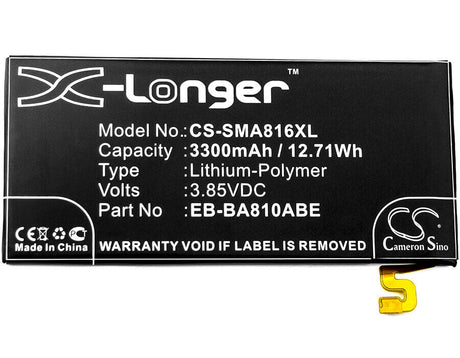 3.85V, Li-Polymer, 3300mAh, SmartPhone battery fits Samsung, Eb-ba810abe, Galaxy A8 2016, Galaxy A8 2016 Duos Td-lte, 12.71Wh Mobile, SmartPhone Cameron Sino Technology Limited (Smartphone)