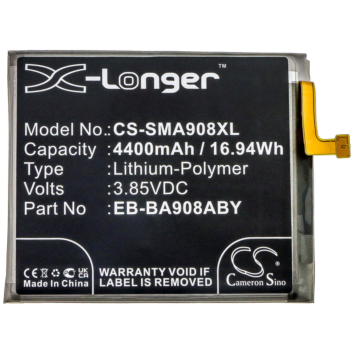 3.85V, Li-Polymer, 4400mAh, SmartPhone battery fits Samsung, Eb-ba908aby, Galaxy A90 5g, Sm-a908, 16.94Wh Mobile, SmartPhone Cameron Sino Technology Limited (Smartphone)