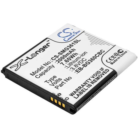 3.8V, Li-ion, 2000mAh, SmartPhone battery fits Samsung, Eb-bg360bbe, Galaxy Core Prime, Galaxy Core Prime Cdma, 7.6Wh Mobile, SmartPhone Cameron Sino Technology Limited (Smartphone)