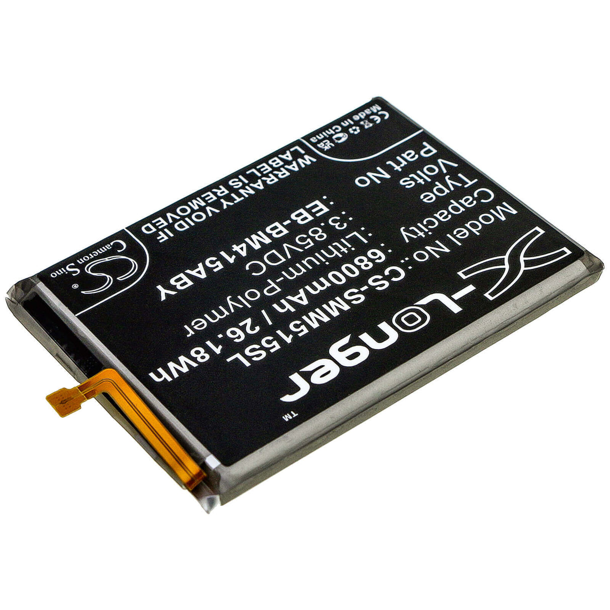 3.85V, Li-Polymer, 6800mAh, SmartPhone battery fits Samsung, Eb-bm415aby, Galaxy M51, Sm-m515, 26.18Wh Mobile, SmartPhone Cameron Sino Technology Limited (Smartphone)