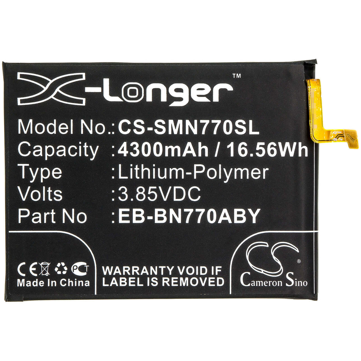 3.85V, Li-Polymer, 4300mAh, SmartPhone battery fits Samsung, Eb-bn770aby, Galaxy Note 10 Lite, Sm-n770f/ds, 16.56Wh Mobile, SmartPhone Cameron Sino Technology Limited (Smartphone)