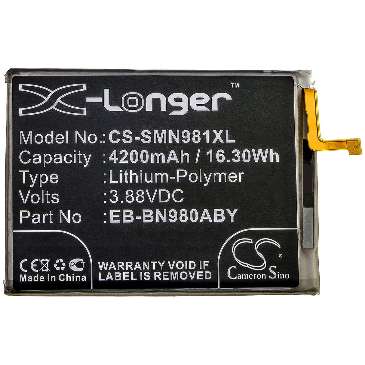 3.88V, Li-Polymer, 4200mAh, SmartPhone battery fits Samsung, Eb-bn980aby, Galaxy Note 20, Galaxy Note 20 5g, 16.3Wh Mobile, SmartPhone Cameron Sino Technology Limited (Smartphone)