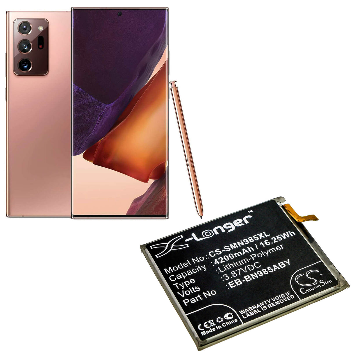 3.87V, Li-Polymer, 4200mAh, SmartPhone battery fits Samsung, Eb-bn985aby, Galaxy Note 20 Ultra, Galaxy Note 20 Ultra Uw 5g, 16.25Wh Mobile, SmartPhone Cameron Sino Technology Limited (Smartphone)