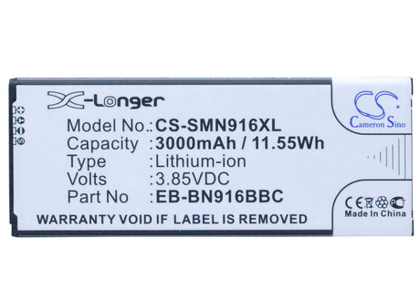 3.85V, Li-ion, 3000mAh, SmartPhone battery fits Samsung, (V2),Eb-bn916bbc, Galaxy Note 4 ( China Mobile ), Sm-n9100, 11.55Wh Mobile, SmartPhone Cameron Sino Technology Limited (Smartphone)