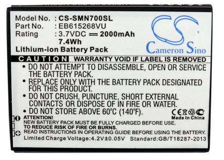 3.7V, Li-ion, 2000mAh, SmartPhone battery fits Telstra, Ntt Docomo, T-mobile, At&t, Samsung, Eb615268va, Galaxy Note, Galaxy Note 4g, 7.4Wh Mobile, SmartPhone Cameron Sino Technology Limited (Smartphone)