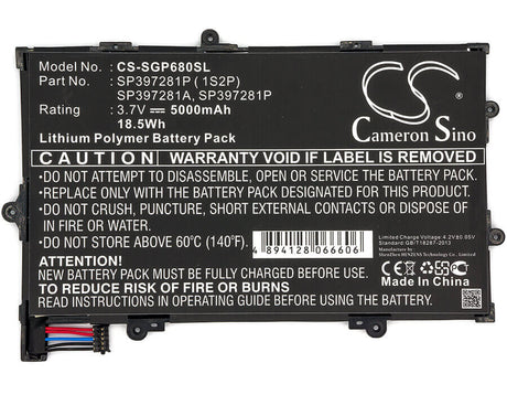 3.7V, Li-Polymer, 5000mAh, Tablet battery fits Verizon, Samsung, Sp397281a, Galaxy Tab 7.7, Gt-p6810, 18.5Wh Tablet Cameron Sino Technology Limited