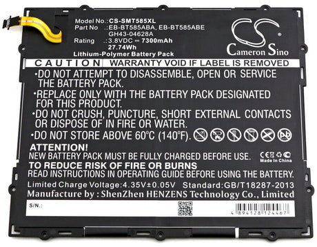 3.8V, Li-Polymer, 7300mAh, Tablet battery fits Samsung, Eb-bt585aba, Galaxy Tab A 10.1 2016 Td-lte, Galaxy Tab A 10.1 2016 Wifi, 27.74Wh Tablet Cameron Sino Technology Limited