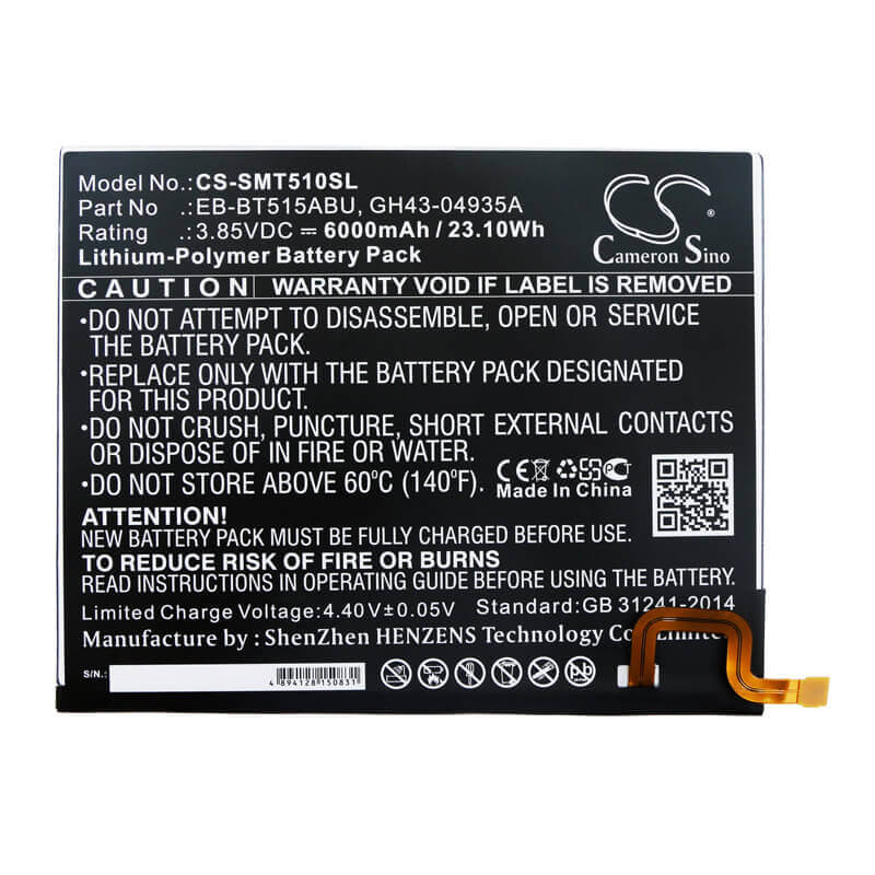 3.85V, Li-Polymer, 6000mAh, Tablet battery fits Samsung, Eb-bt515abu, Galaxy Tab A 10.1 2019, Galaxy Tab A 10.1 2019 Wifi 64, 23.10Wh Tablet Cameron Sino Technology Limited