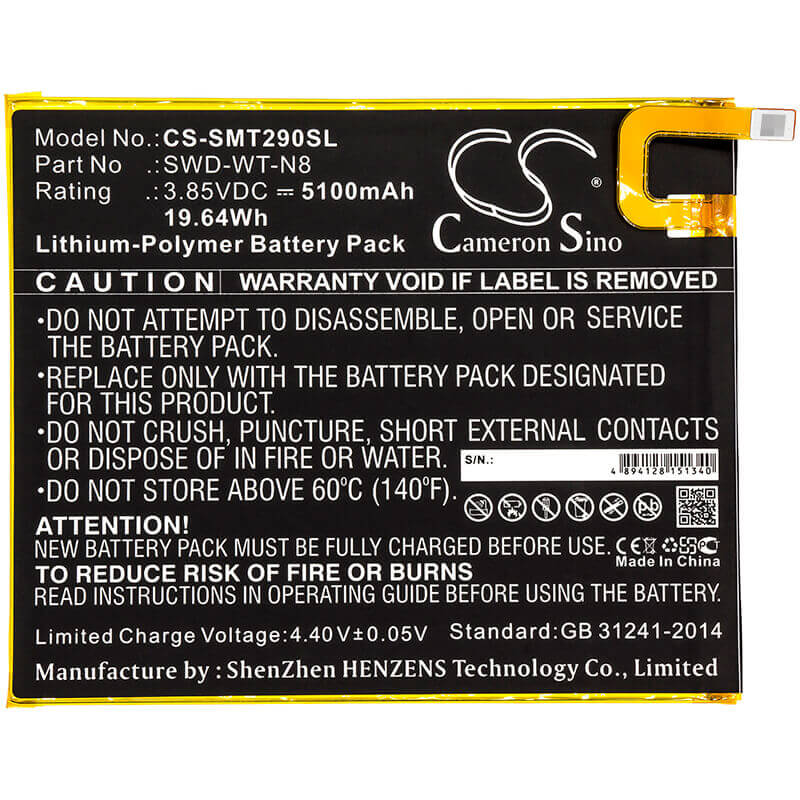 3.85V, Li-Polymer, 5100mAh, Tablet battery fits Samsung, Swd-wt-n8, Galaxy Tab A 8.0 2019, Sm-t290, 19.64Wh Tablet Cameron Sino Technology Limited