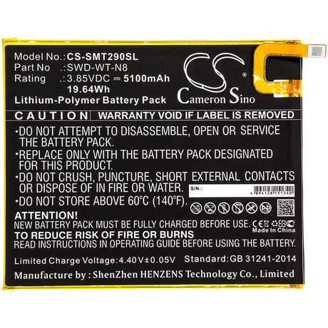 3.85V, Li-Polymer, 5100mAh, Tablet battery fits Samsung, Swd-wt-n8, Galaxy Tab A 8.0 2019, Sm-t290, 19.64Wh Tablet Cameron Sino Technology Limited