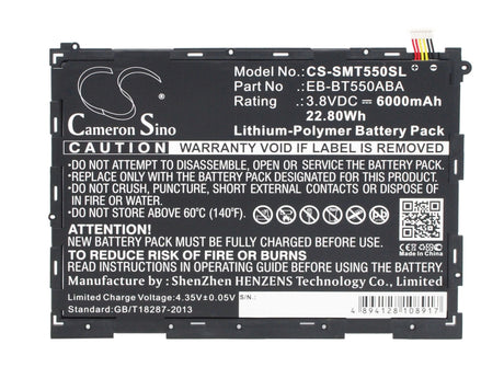 3.8V, Li-Polymer, 6000mAh, Tablet battery fits Samsung, Eb-bt550aba, Galaxy Tab A 9.7, Galaxy Tab A Plus 9.7 Wifi, 22.80Wh Tablet Cameron Sino Technology Limited