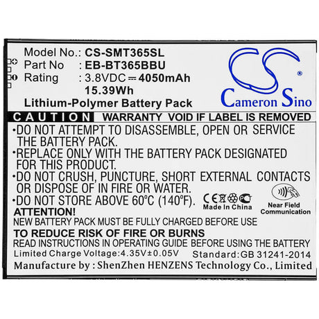 3.8V, Li-Polymer, 4050mAh, Tablet battery fits Samsung, Eb-bt365bbc, Galaxy Tab Active, Galaxy Tab Active 2, 15.39Wh Tablet Cameron Sino Technology Limited