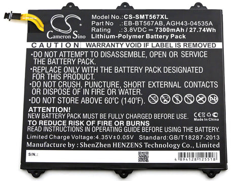 3.8V, Li-Polymer, 7300mAh, Tablet battery fits Samsung, Eb-bt567aba, Galaxy Tab E 9.6 Xlte, Sm-t560nu, 27.74Wh Tablet Cameron Sino Technology Limited
