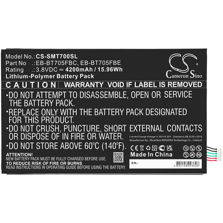 3.8V, Li-Polymer, 4200mAh, Tablet battery fits Samsung, Eb-bt705fbc, Galaxy Tab S 8.4, Galaxy Tab S 8.4 Wifi, 15.96Wh Tablet Cameron Sino Technology Limited