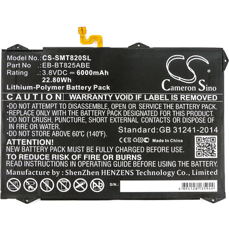 3.8V, Li-Polymer, 6000mAh, Tablet battery fits Samsung, Eb-bt825aba, Galaxy Tab S3 9.7, Galaxy Tab S3 9.7 Xlte, 22.80Wh Tablet Cameron Sino Technology Limited