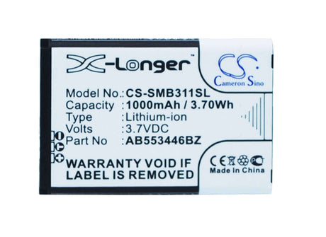 3.7V, Li-ion, 1000mAh, SmartPhone battery fits Samsung, Ab553446bz, Gusto 3, Sm-b311, 3.7Wh Mobile, SmartPhone Cameron Sino Technology Limited (Smartphone)