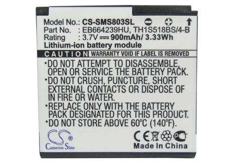 3.7V, Li-ion, 900mAh, SmartPhone battery fits Samsung, Eb664239hu, Gt-s7550, Gt-s8000, 3.33Wh Mobile, SmartPhone Cameron Sino Technology Limited (Suspended)
