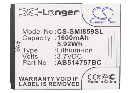 3.7V, Li-ion, 1600mAh, SmartPhone battery fits Samsung, Ab514757bc, Sch-i859, Sgh-i728a, 5.92Wh Mobile, SmartPhone Cameron Sino Technology Limited (Suspended)