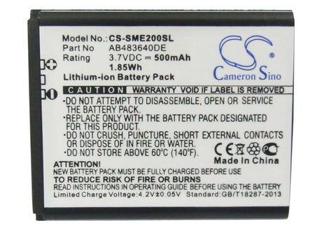 3.7V, Li-ion, 500mAh, SmartPhone battery fits Samsung, Ab483640cc, E200 Eco, Sch-s259, 1.85Wh Mobile, SmartPhone Cameron Sino Technology Limited (Suspended)