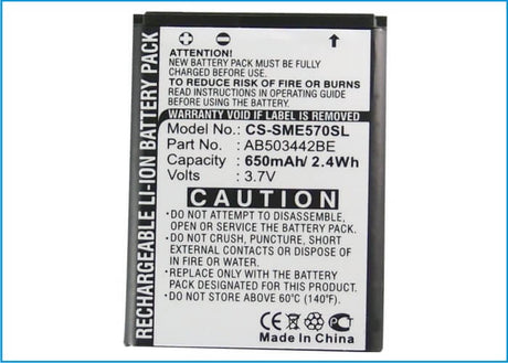 3.7V, Li-ion, 650mAh, SmartPhone battery fits Samsung, Ab503442be, Sgh-b110, Sgh-e570, 2.41Wh Mobile, SmartPhone Cameron Sino Technology Limited (Suspended)