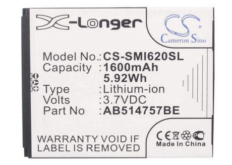 3.7V, Li-ion, 1600mAh, SmartPhone battery fits Samsung, Ab414757be, Sgh-i620, Sgh-i640, 5.92Wh Mobile, SmartPhone Cameron Sino Technology Limited (Smartphone)