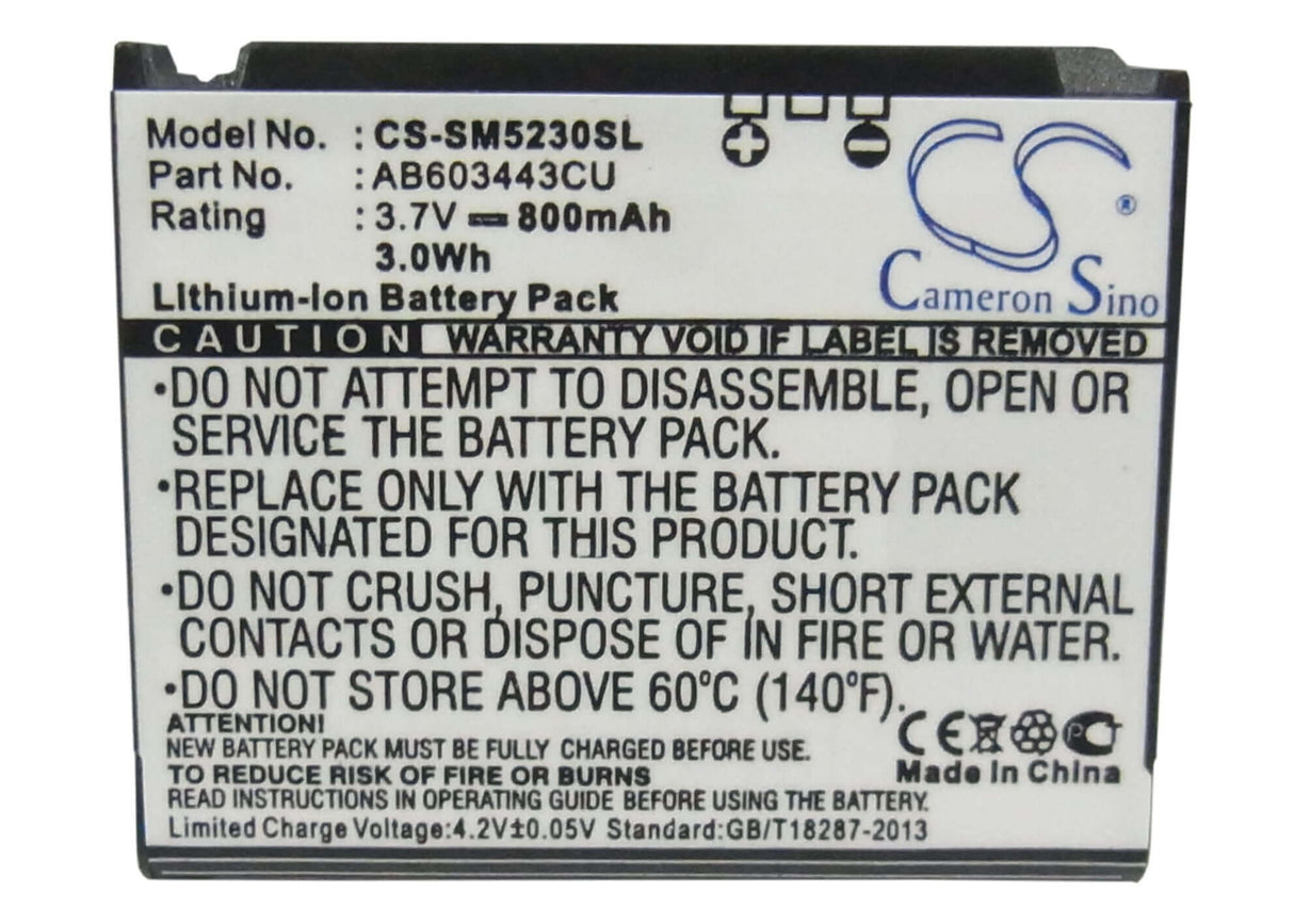 3.7V, Li-ion, 800mAh, SmartPhone battery fits Samsung, Ab603443cc, Gt-s5230c, Gt-s5233a, 2.96Wh Mobile, SmartPhone Cameron Sino Technology Limited (Suspended)