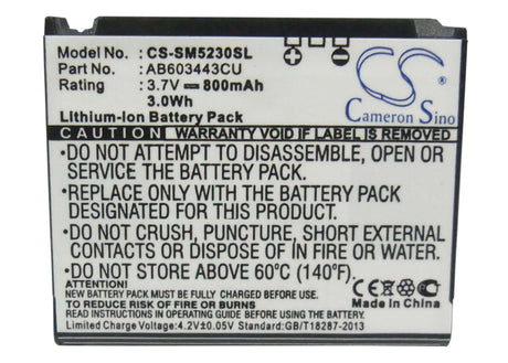 3.7V, Li-ion, 800mAh, SmartPhone battery fits Samsung, Ab603443cc, Gt-s5230c, Gt-s5233a, 2.96Wh Mobile, SmartPhone Cameron Sino Technology Limited (Suspended)