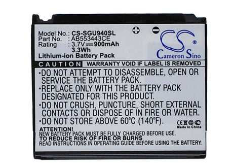 3.7V, Li-ion, 900mAh, SmartPhone battery fits Samsung, Ab603443ez, Glyde U940, Sgh-u940, 3.33Wh Mobile, SmartPhone Cameron Sino Technology Limited (Smartphone)