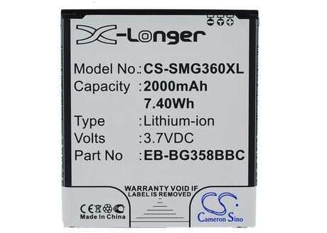 3.7V, Li-ion, 2000mAh, SmartPhone battery fits Samsung, Eb-bg358bbc, Galaxy Core Lite 4g Td-lte, Sm-g3556, 7.4Wh Mobile, SmartPhone Cameron Sino Technology Limited (Smartphone)