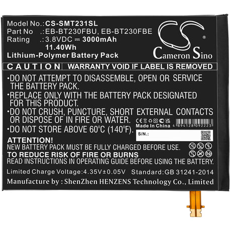 3.8V, Li-Polymer, 3000mAh, Tablet battery fits Samsung, Eb-bt230fbe, 403sc, Degas, 11.40Wh Tablet Cameron Sino Technology Limited