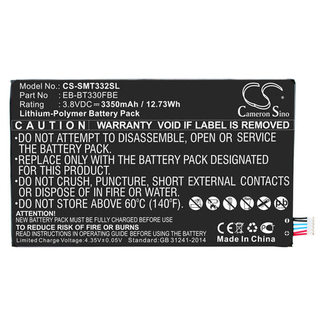 3.8V, Li-Polymer, 3350mAh, Tablet battery fits Samsung, Eb-bt330fbe, Galaxy Tab4 8.0 3g, Sm-t330, 12.73Wh Tablet Cameron Sino Technology Limited