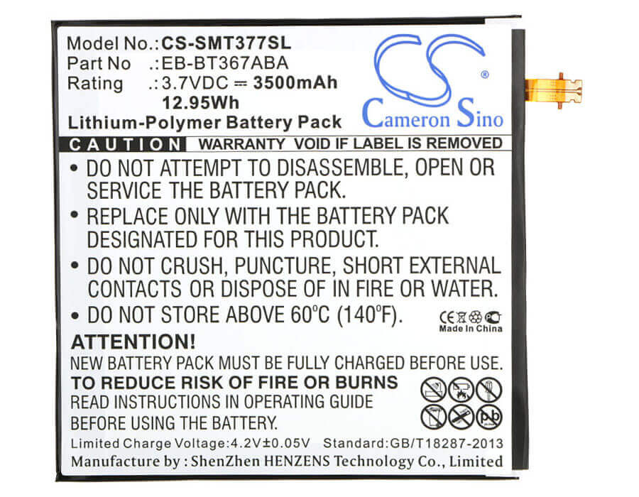 3.7V, Li-Polymer, 3500mAh, Tablet battery fits Samsung, Eb-bt367aba, Galaxy Tab 5, Galaxy Tab A 8.0 2017, 12.95Wh Tablet Cameron Sino Technology Limited