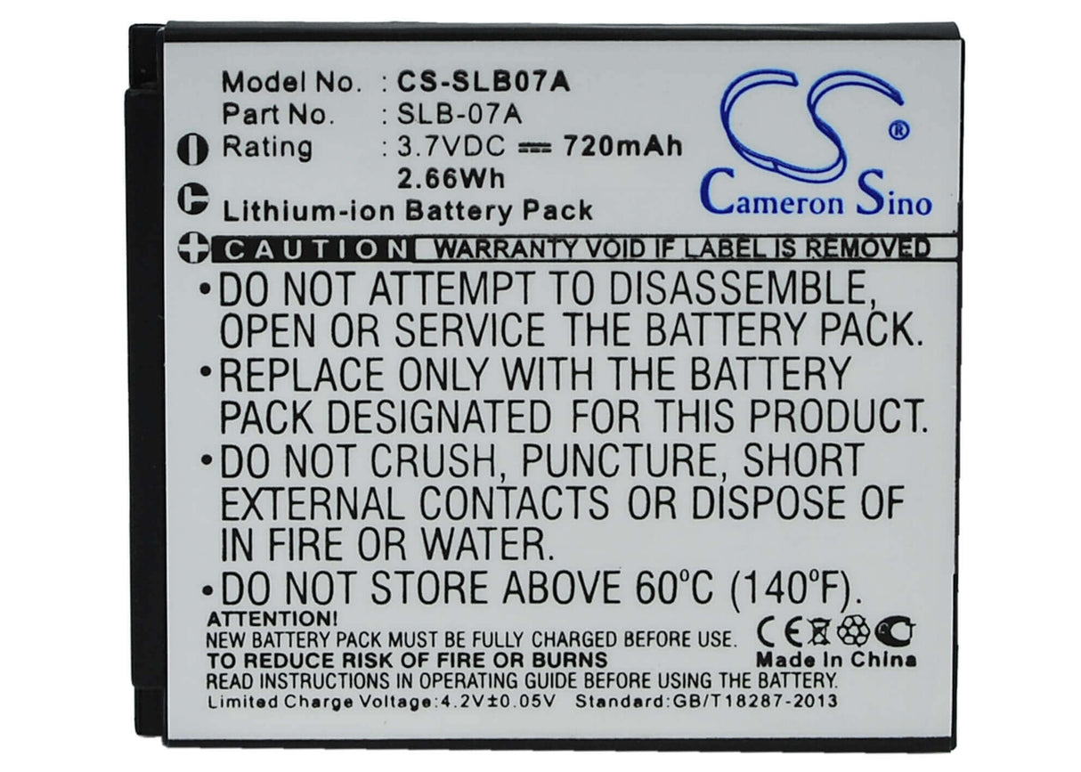 3.7V, Li-ion, 720mAh, Camera battery fits Samsung, Slb-07a, St50, St500, 2.664Wh Camera Cameron Sino Technology Limited (Camera)