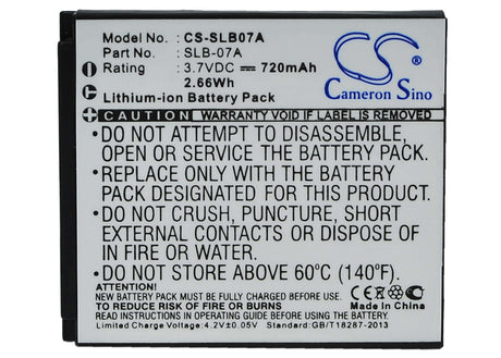 3.7V, Li-ion, 720mAh, Camera battery fits Samsung, Slb-07a, St50, St500, 2.664Wh Camera Cameron Sino Technology Limited (Camera)
